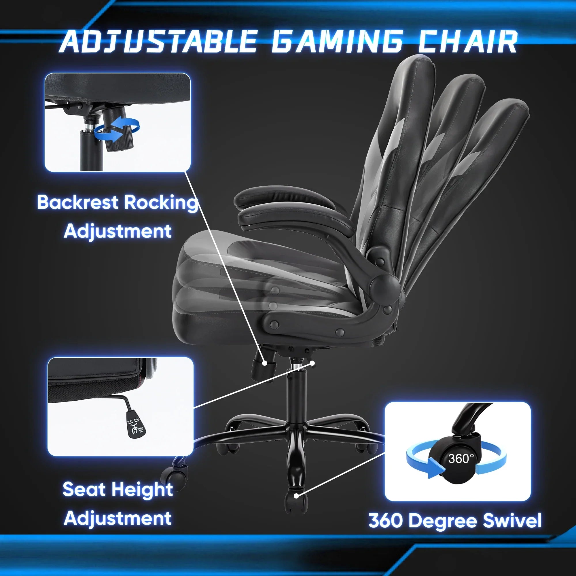 PU Leather Ergonomic Gaming Chair Flip-Up Armrests Adjustable Office Desk