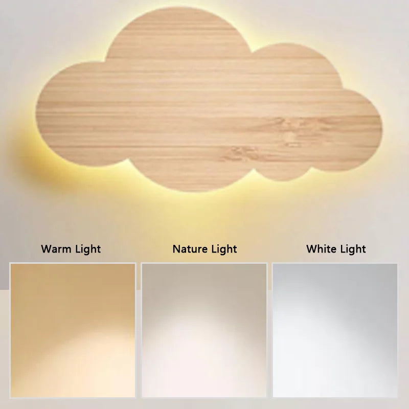 Modern LED Wall Light Wooden Cloud Dimmable Bedroom Bedside Eye Protection Lamp