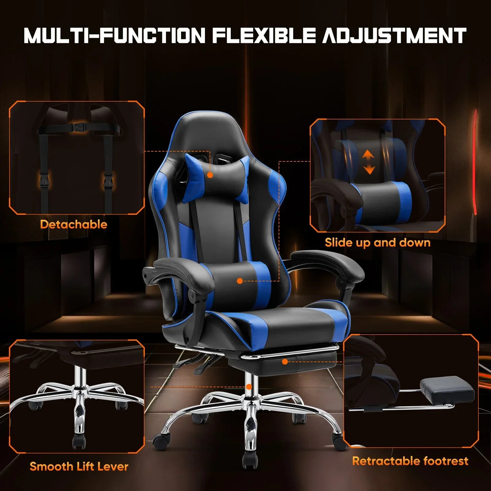 Ergonomic Gaming Chair Adjustable Swivel PU Leather Office Chair Lumbar Headrest