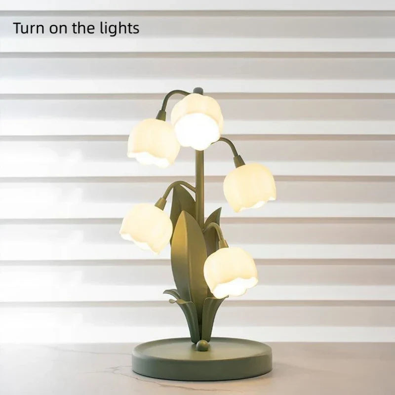Vintage Floral Table Lamp 5 Lily Nightstand Lamp G4 LED 3 Colors Bedroom Decor