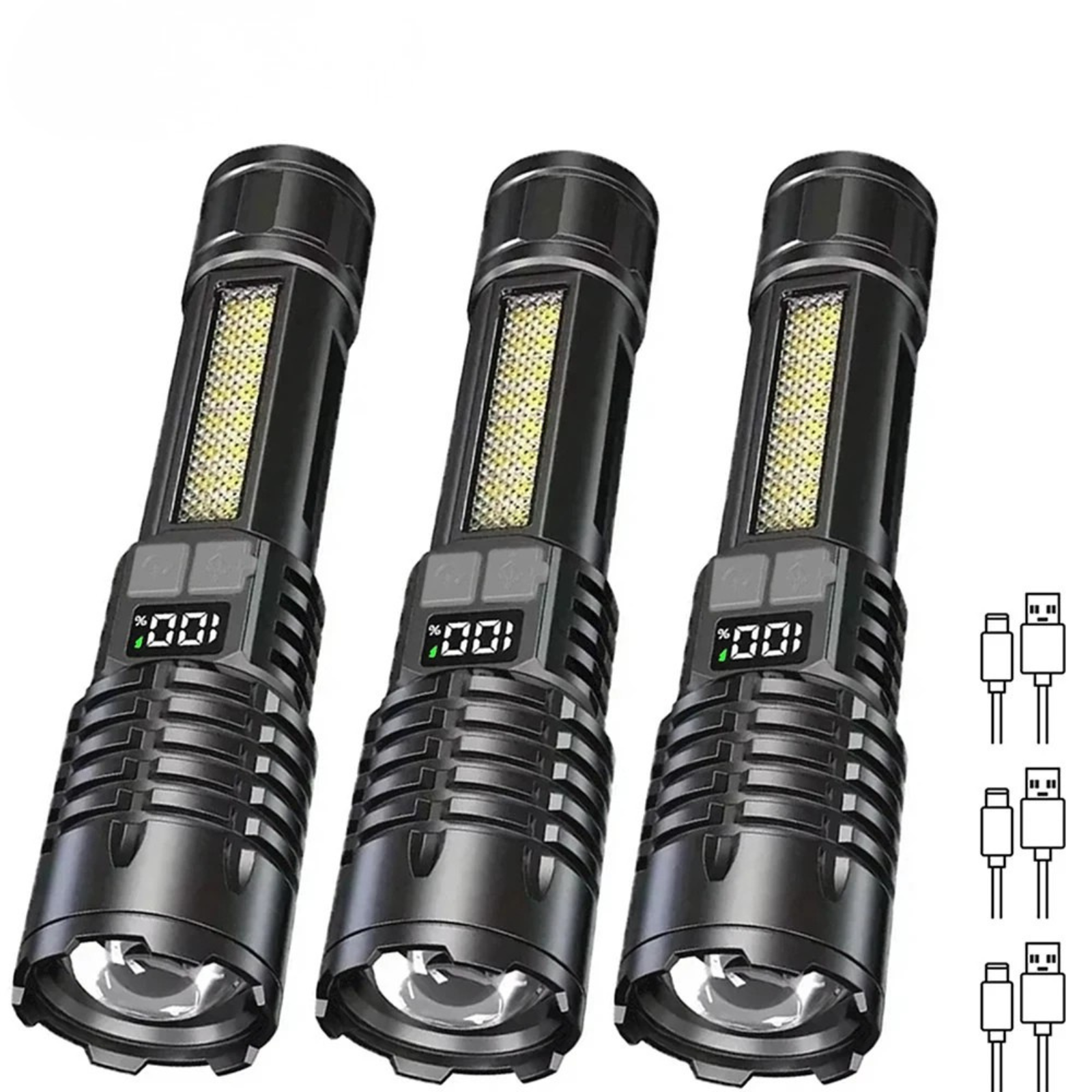 High Power LED Flashlight Type C Rechargeable COB Torch Side Light Camping