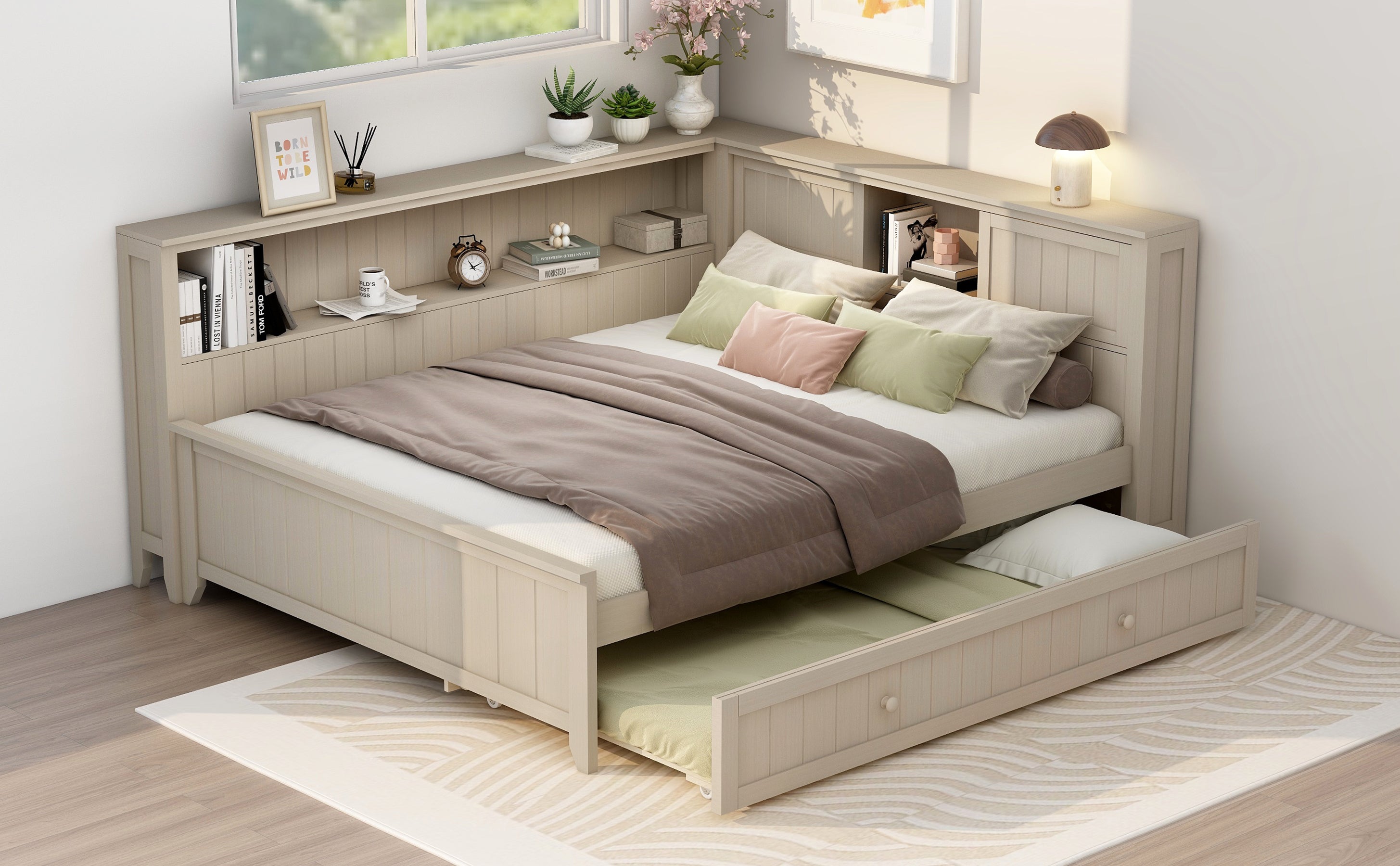 Full Size Wood Daybed with Storage Shelves and Trundle