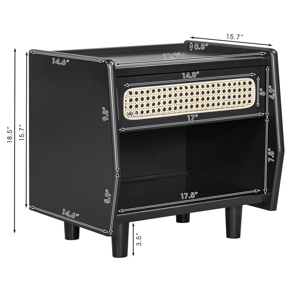 Black Nightstand with Rattan Detail