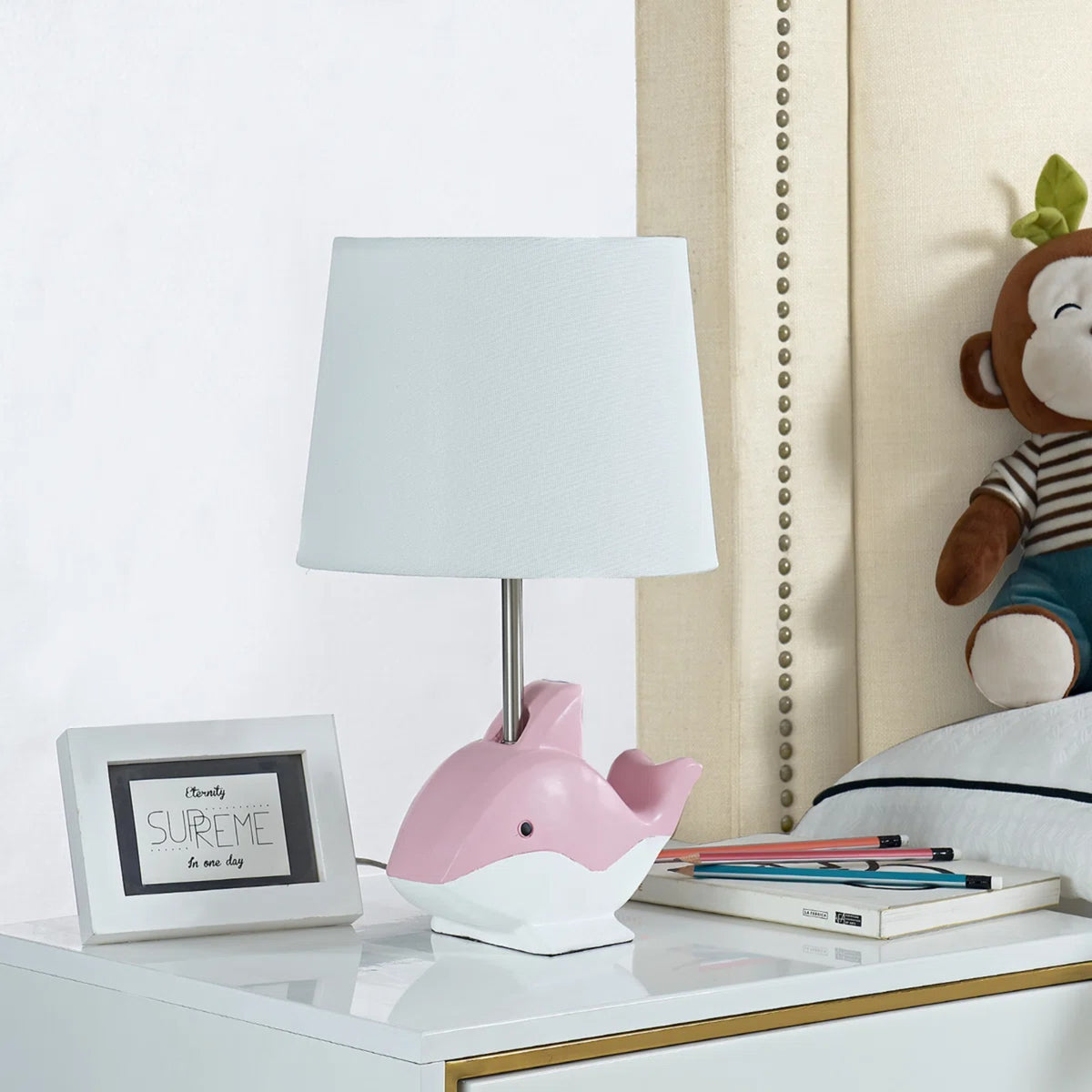 15-Inch Dolphin Resin Table Lamp, Pink, with White Linen Shade