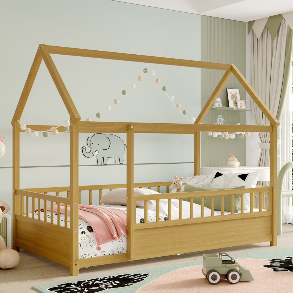Twin Size Floor Wooden Bed with House Roof Frame