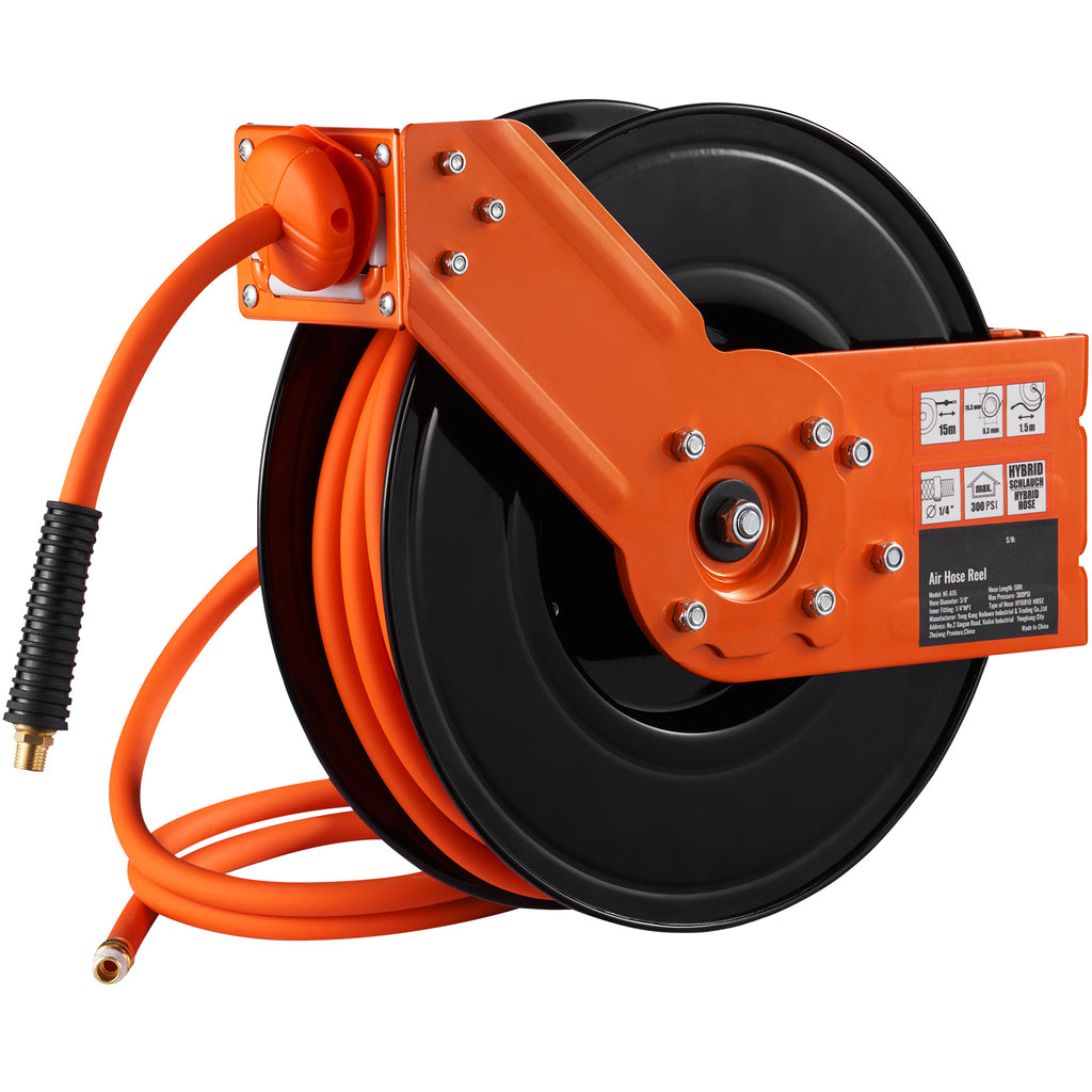 Retractable Air Hose Reel, 3/8 IN x 50 FT Hybrid Air Hose Max 300PSI