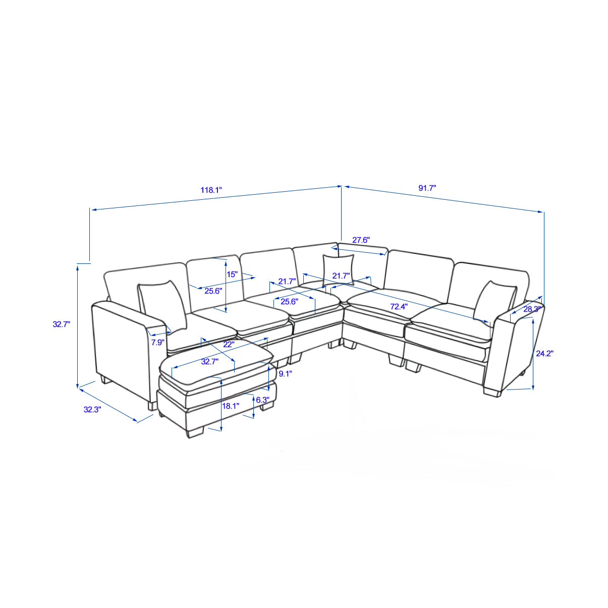 Modern U Shaped 6-Seat Sectional Sofa with Ottoman