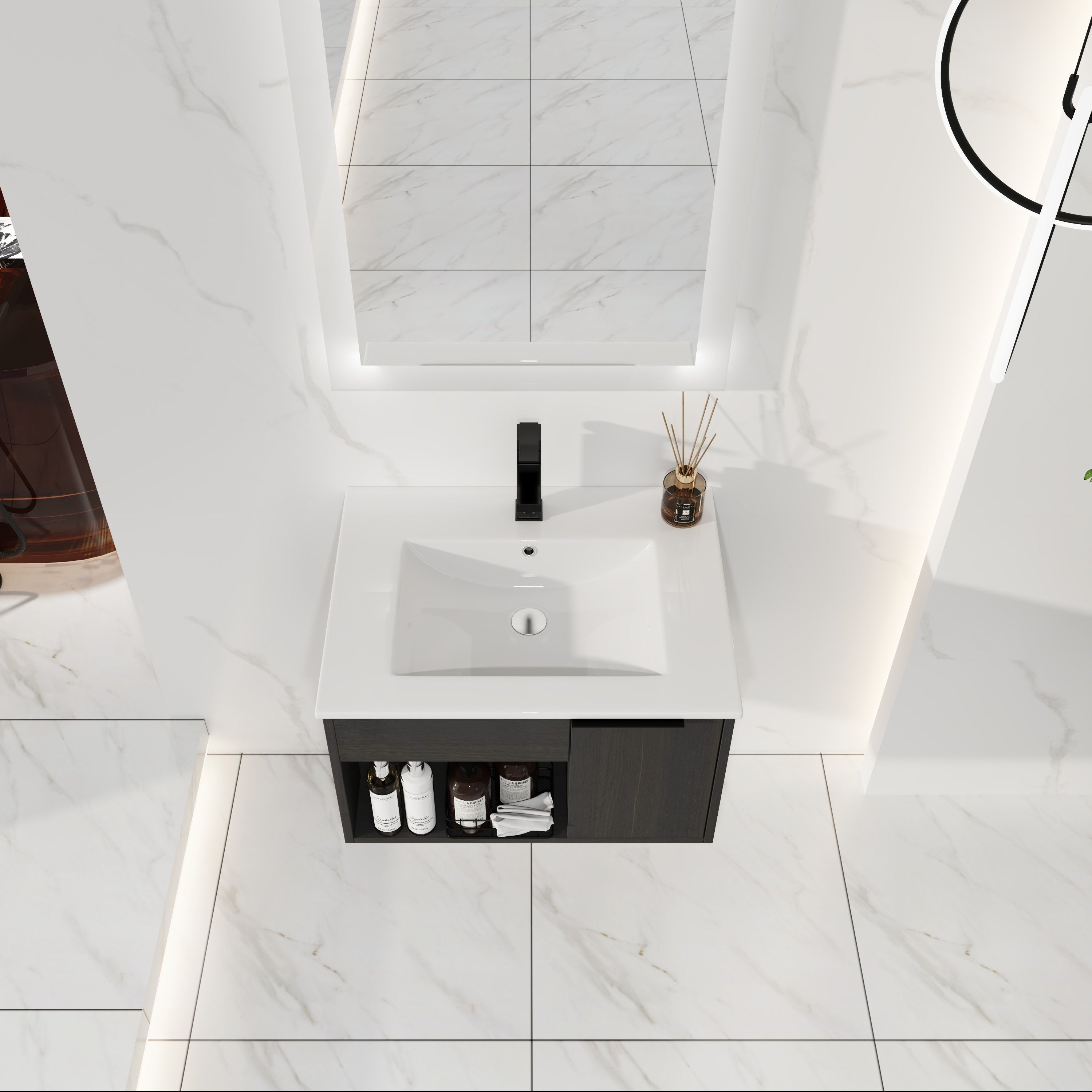 24" Wall-Mounted Floating Bathroom Vanity with Ceramic Sink