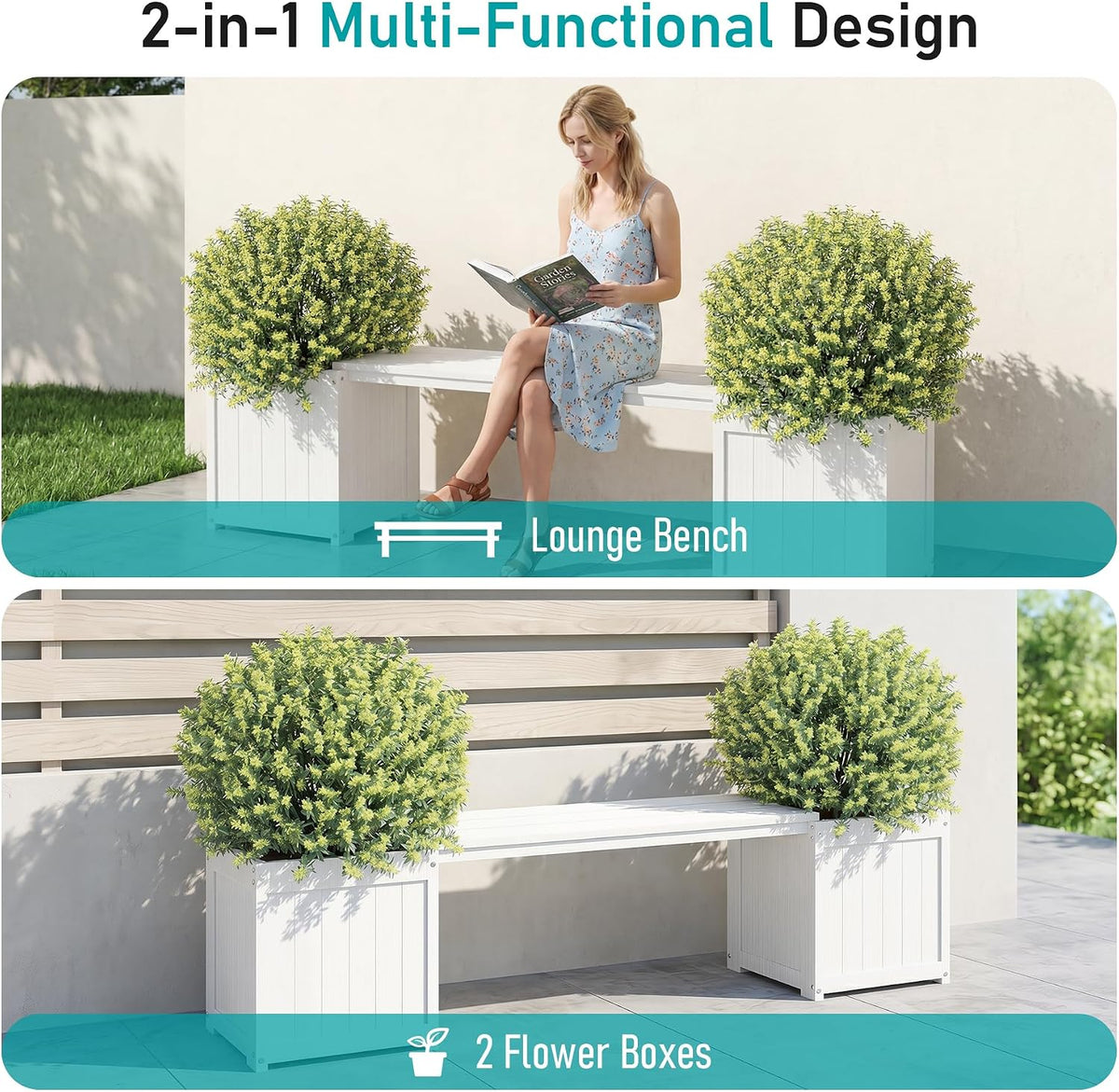 HDPE Outdoor Bench with Flower Boxes, White