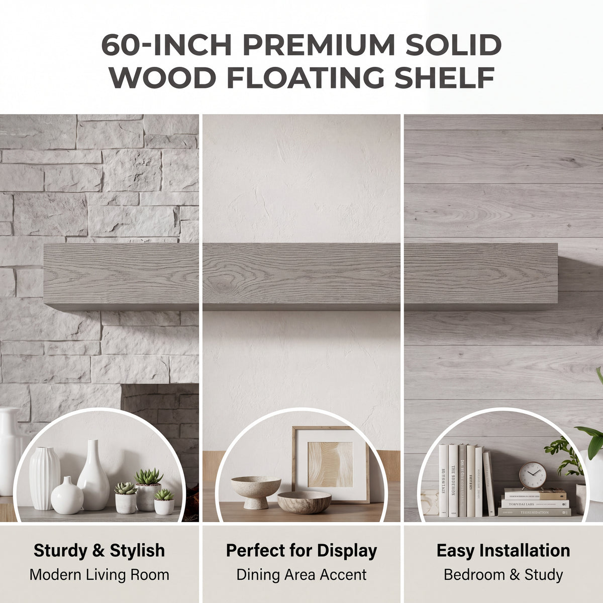 60-Inch Rustic Embossed Wood Fireplace Mantel, Wall-Mounted Floating Shelf, Gray