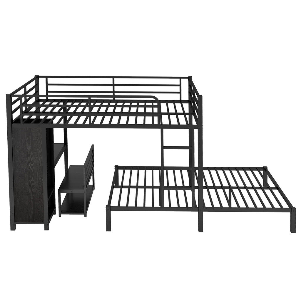 Queen Over Queen Size Bunk Bed Frame with Built-in Wardrobe