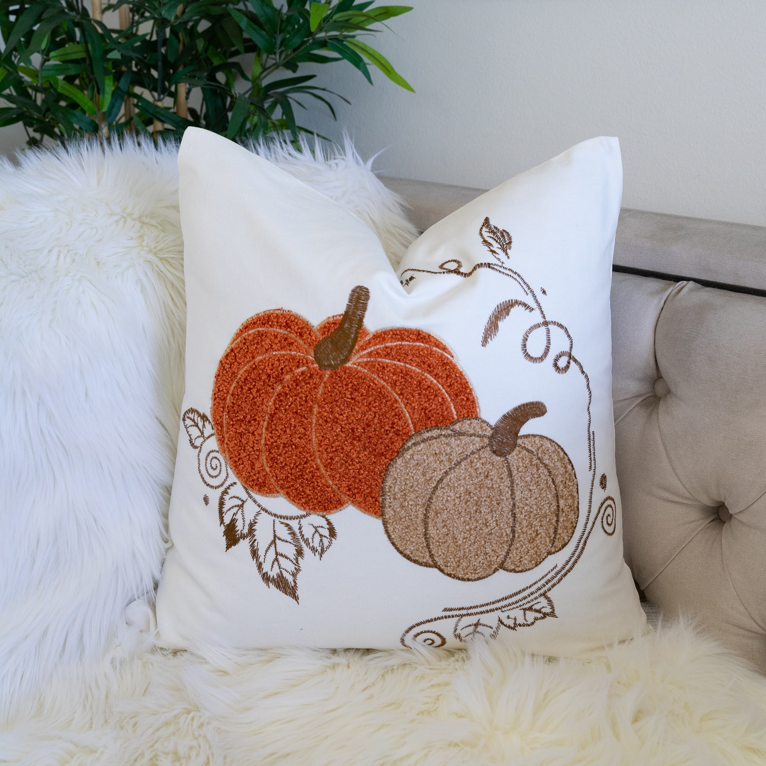 Pumpkin Embroidered Cotton Throw Pillow – Autumn Harvest Accent Cushion Set of 2