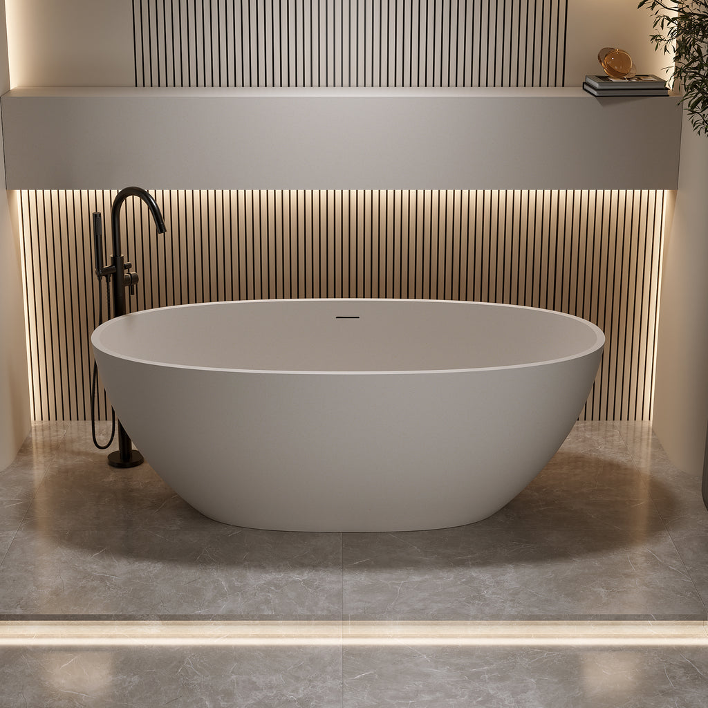 63-Inch Freestanding Soaking Bathtub, Solid Surface Stone Resin, Beige