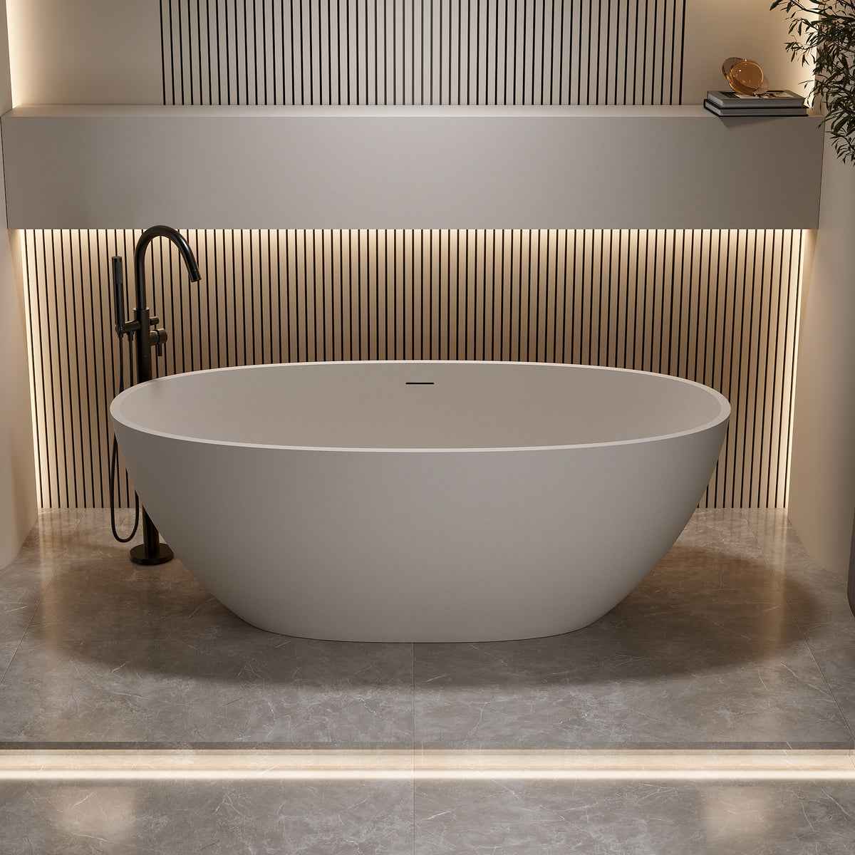 63-Inch Freestanding Soaking Bathtub, Solid Surface Stone Resin, Beige