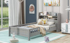 Wood Twin Size Platform Bed with Built-in LED Light, Storage Headboard and Guardrail, Antique
