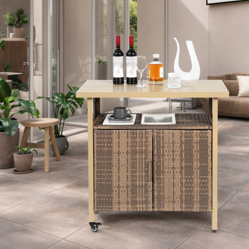 Outdoor Wicker Bar Cart, Patio Wine Serving Cart with Wheels