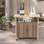 Outdoor Wicker Bar Cart, Patio Wine Serving Cart with Wheels