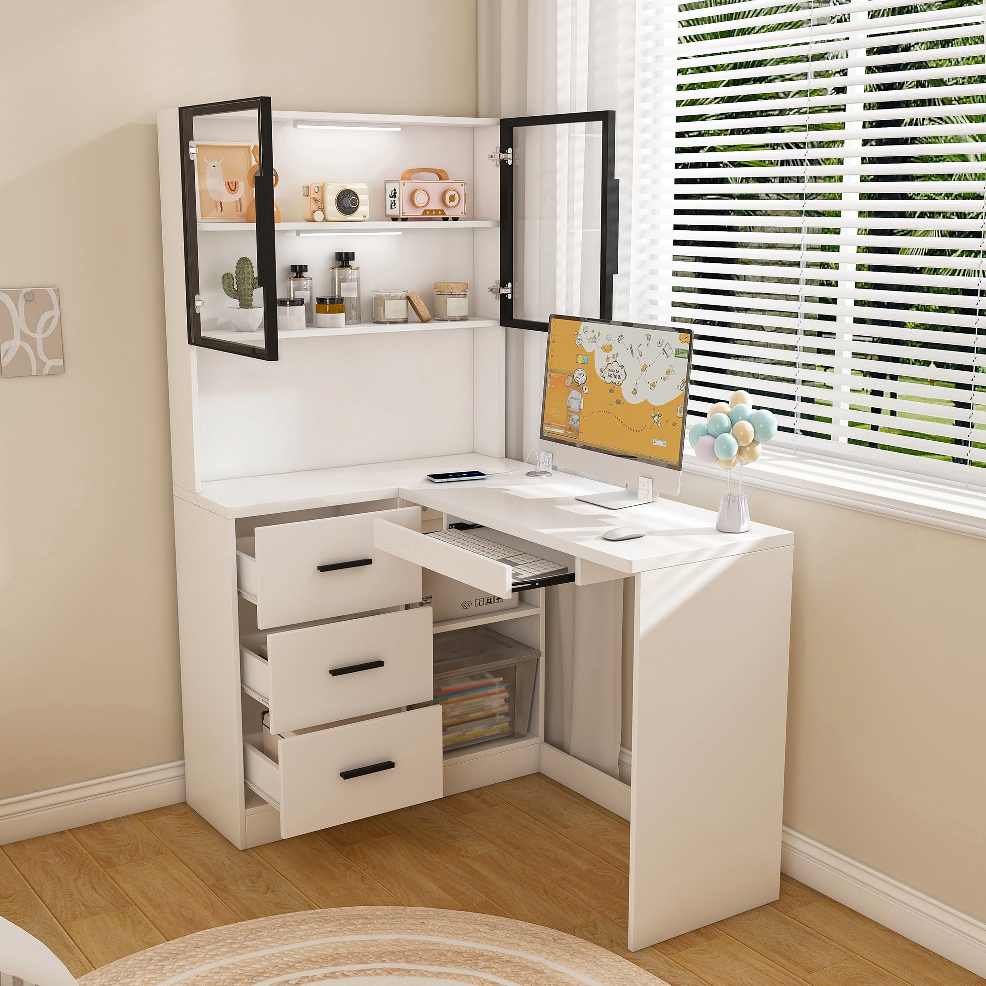 Computer Desk with Glass Cabinets & Built-In LED Lights