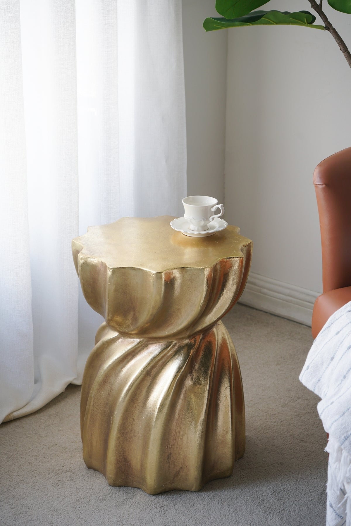 14x14x18.7 Gold Magnesium Accent Stool with Sculptural Swirl Design
