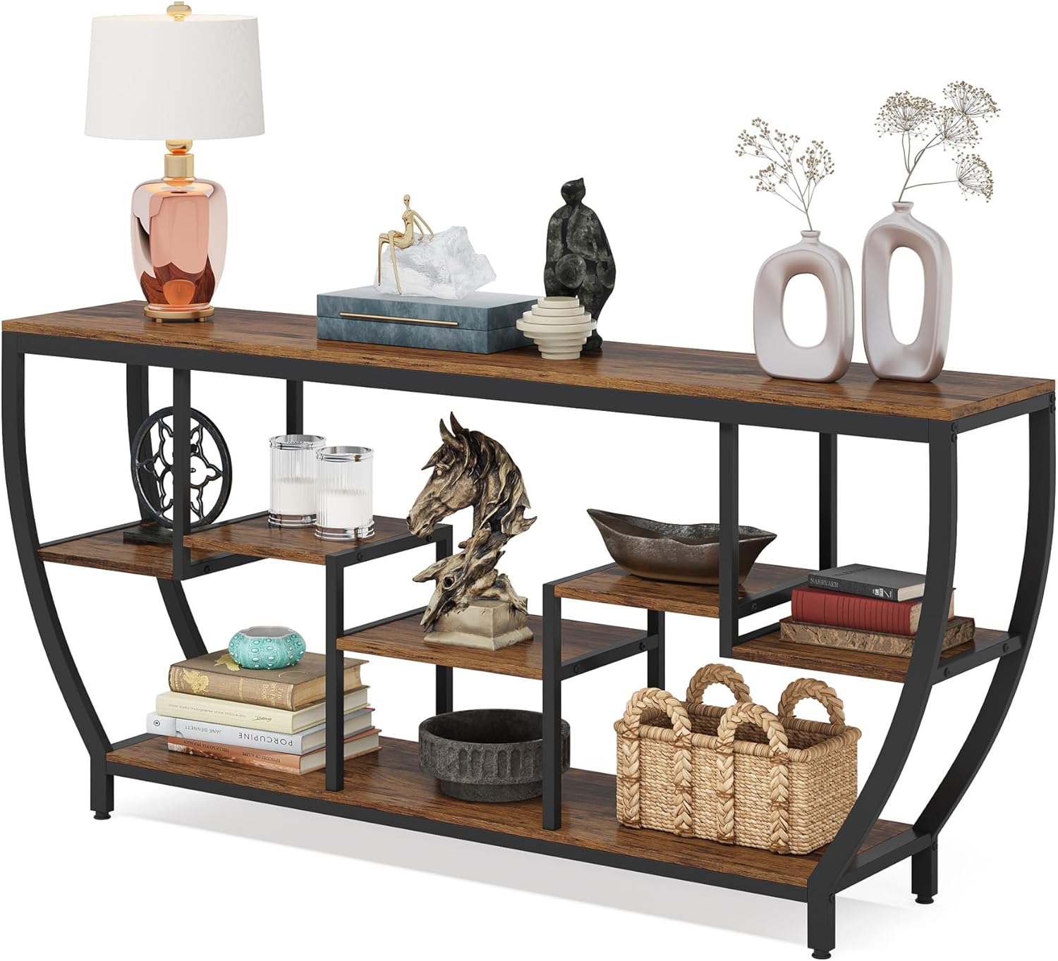 70.9” Industrial Console Sofa Table with 7-Tier Storage Shelves