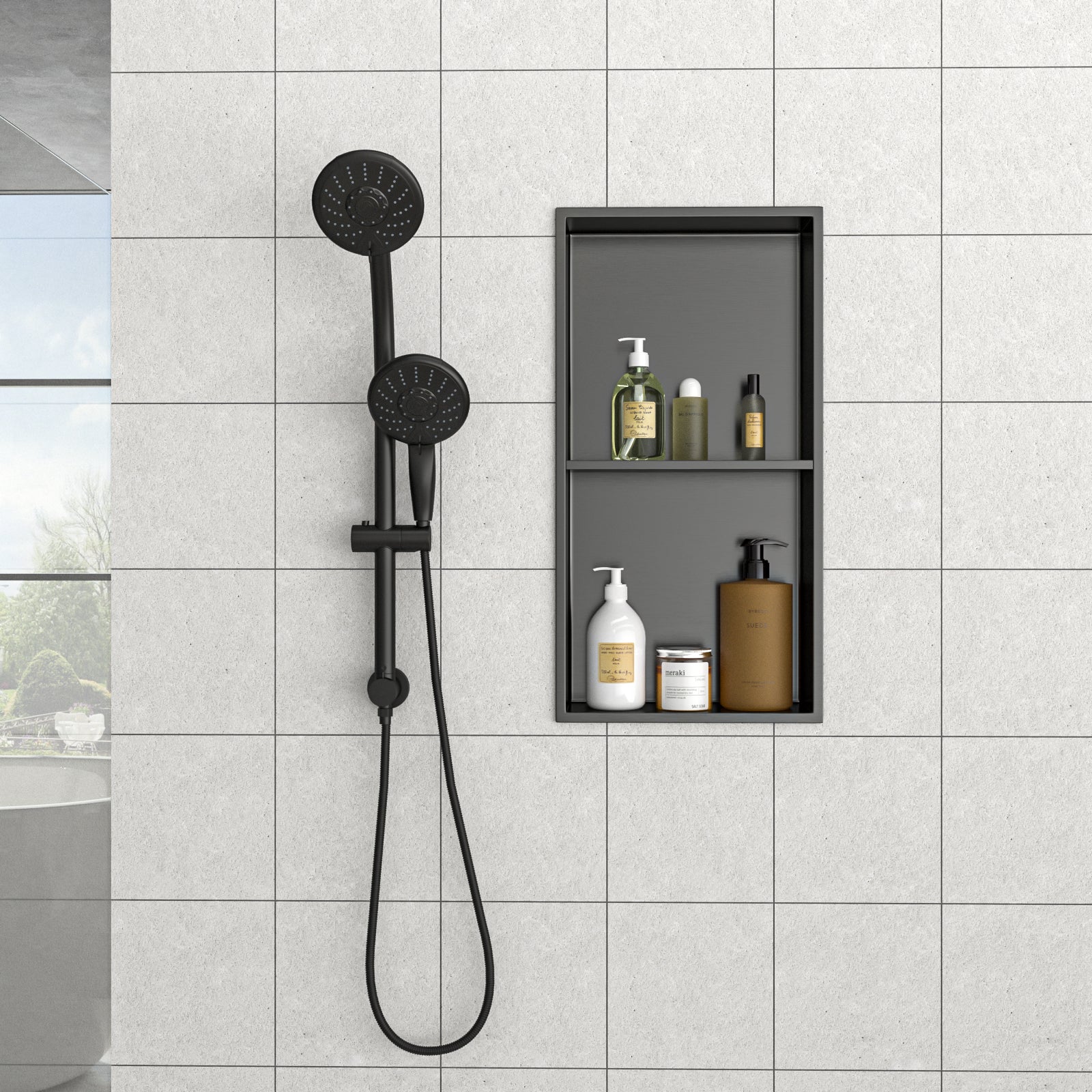 Stainless Steel Shower Niche Double Shelf - Gunmetal Finish