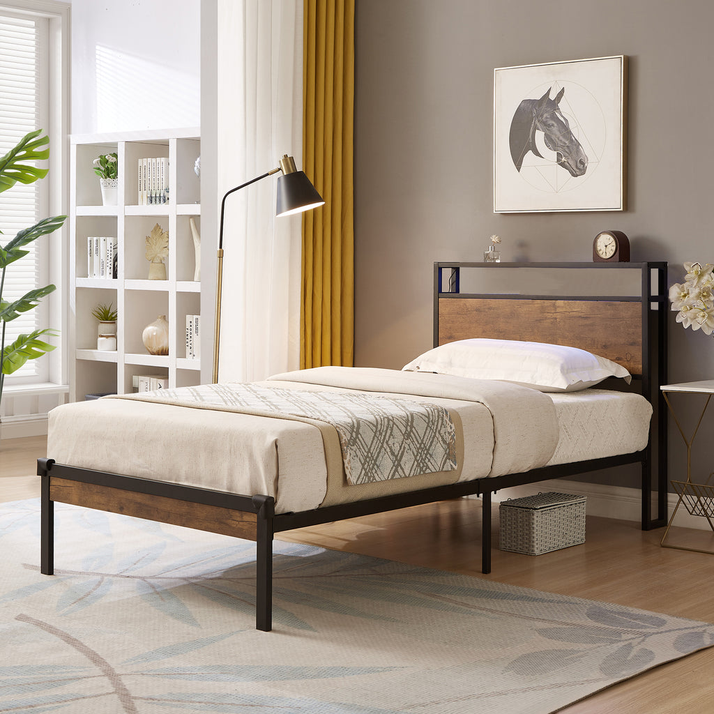 Twin Size Metal Platform Bed Frame with Wooden Headboard