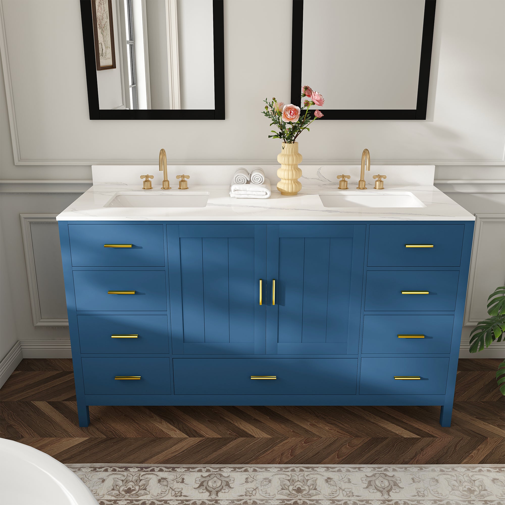 60" Solid Wood Bathroom Vanity with 2 Sinks