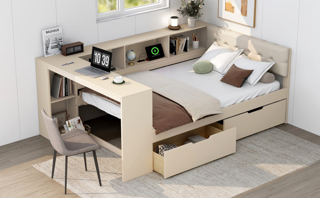 Wood Full Size Platform Bed with Storage Shelves, Drawers, Charging Station and Upholstered Headboard