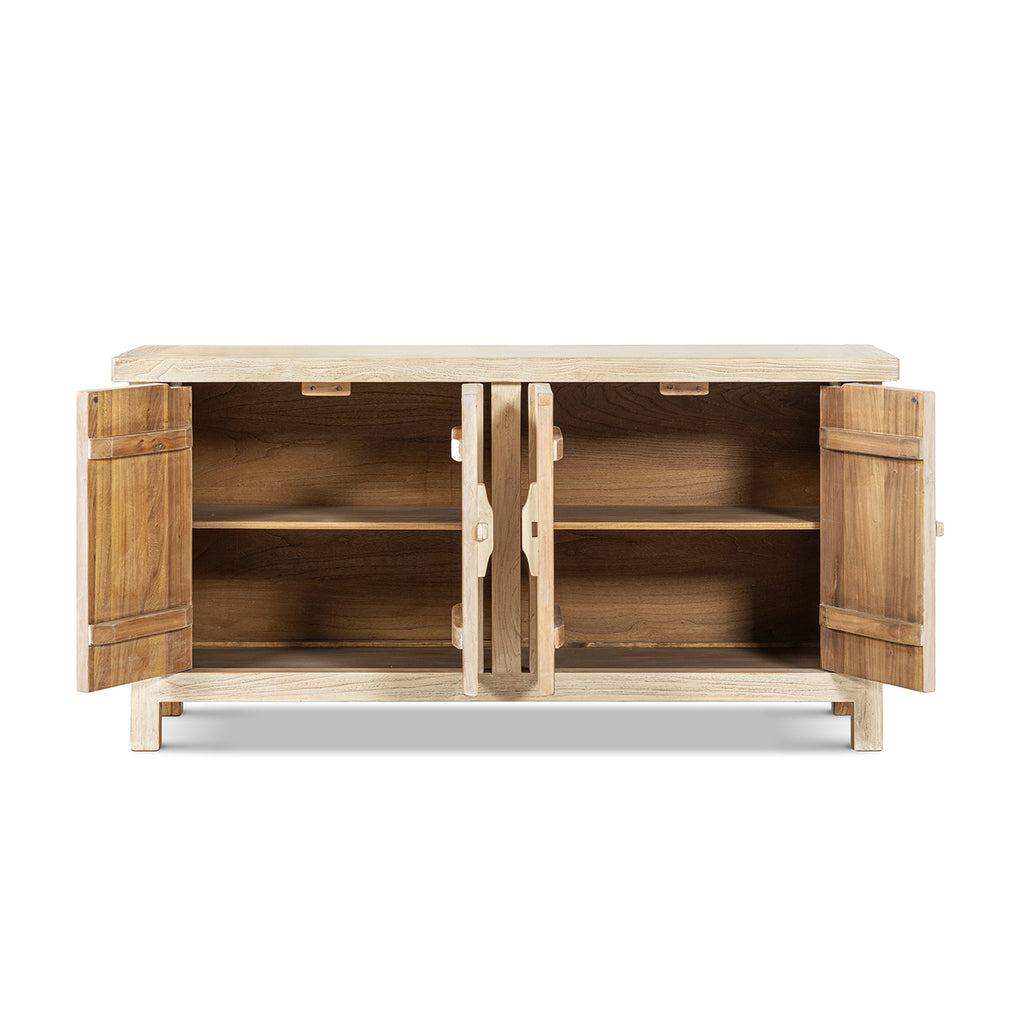 Rowan 63-Inch Elm Wood 4-Door Cabinet, Light Natural Brown
