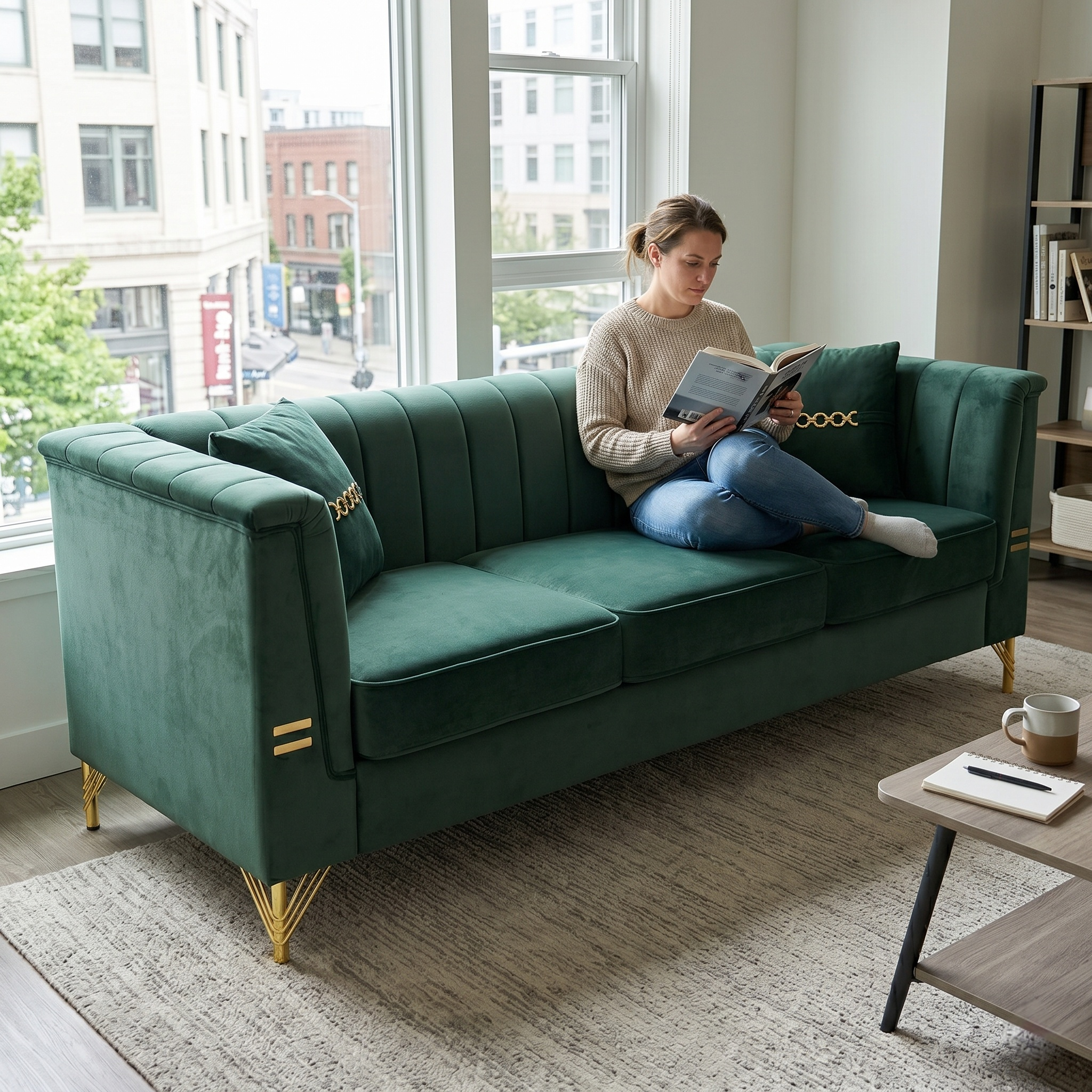 FX-P82-GR3 Modern Velvet 3-Seater Chesterfield Style Sofa