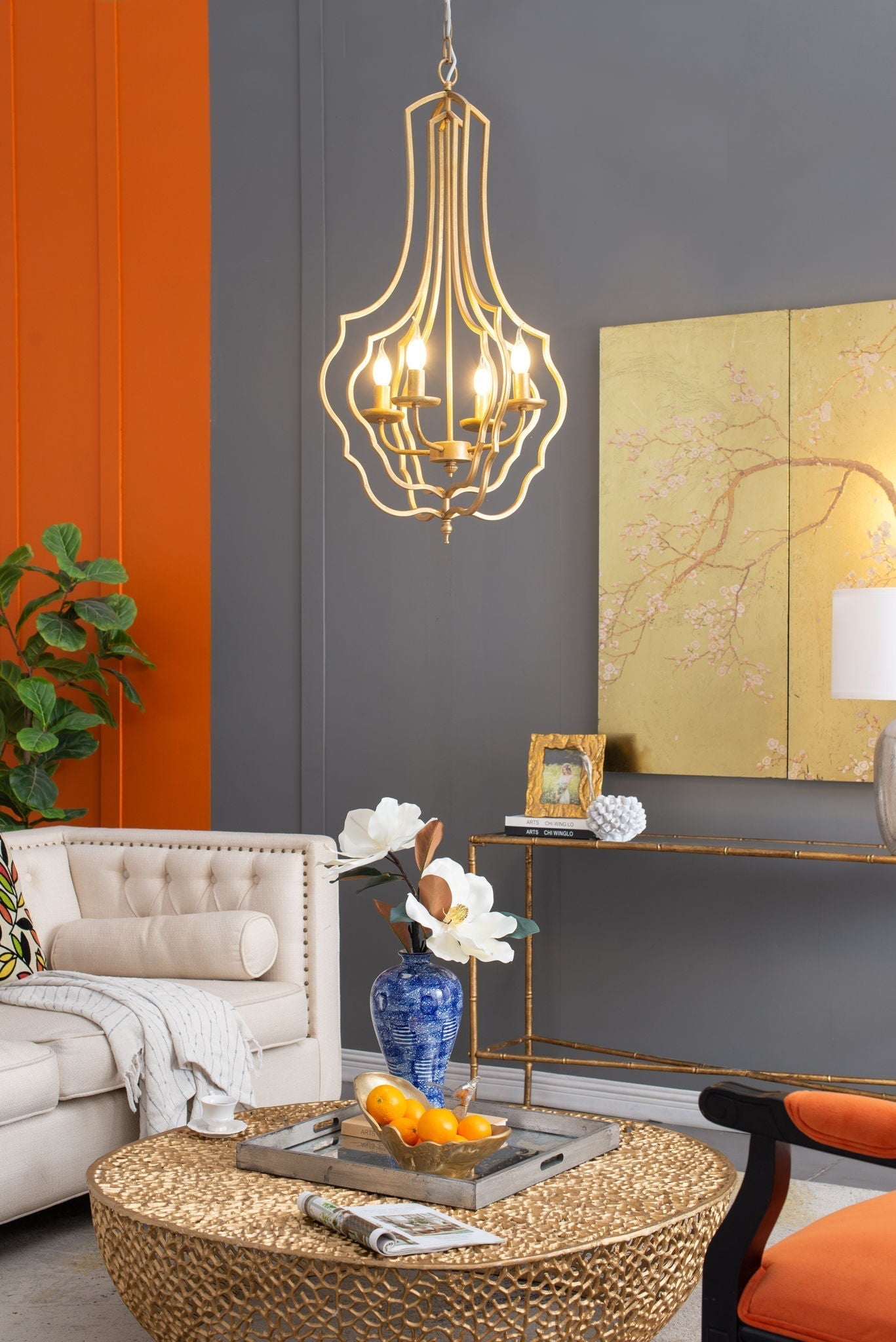 4 Light Chandelier With Adjustable Chain - Gold