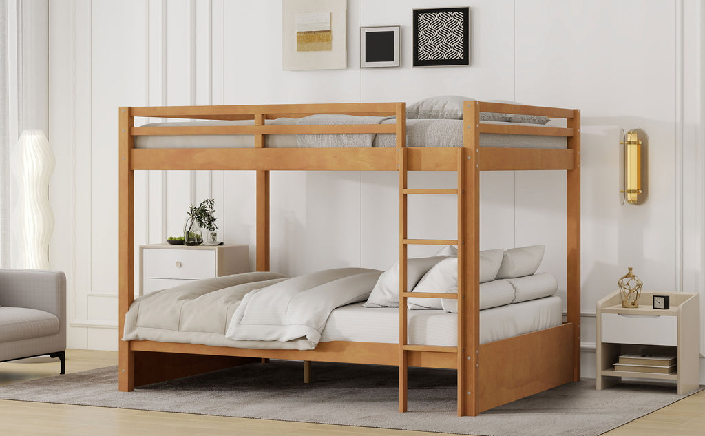Wood Queen Size Bunk Bed with Ladder, Wood Color