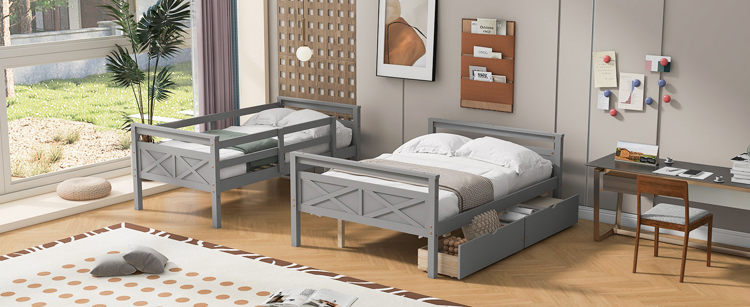 Twin Over Full Bunk Bed with Ladder, Two Storage Drawers, Safety Guardrail