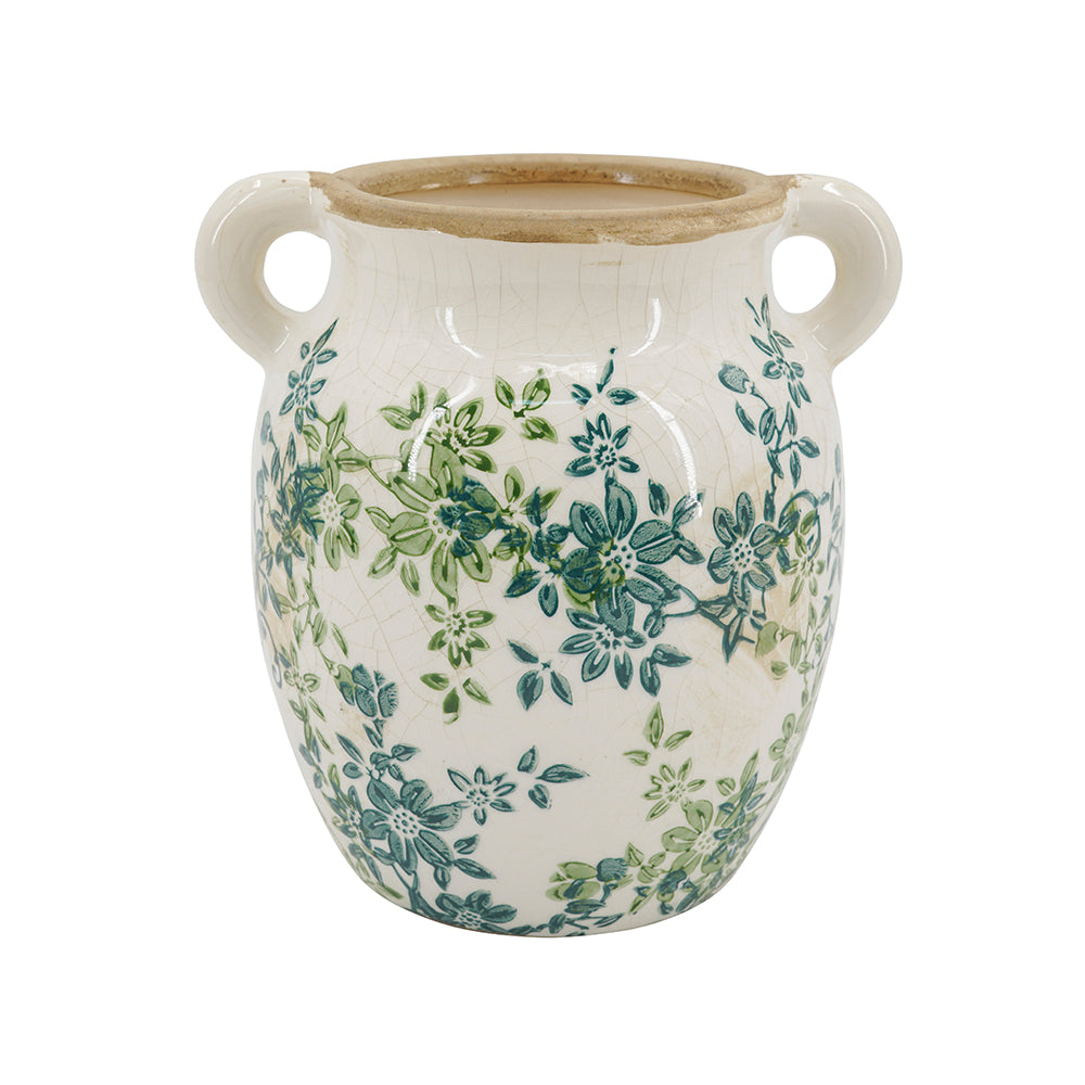 Floral Twin-Handle Ceramic Vase, 7.5 x 6.3 x 7.7 Inches
