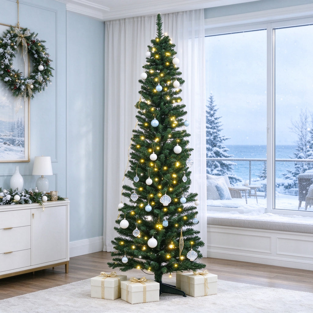 6 FT Pre-Lit Slim Noble Fir Pencil Christmas Tree, 390 Branch Tips, Warm White LED