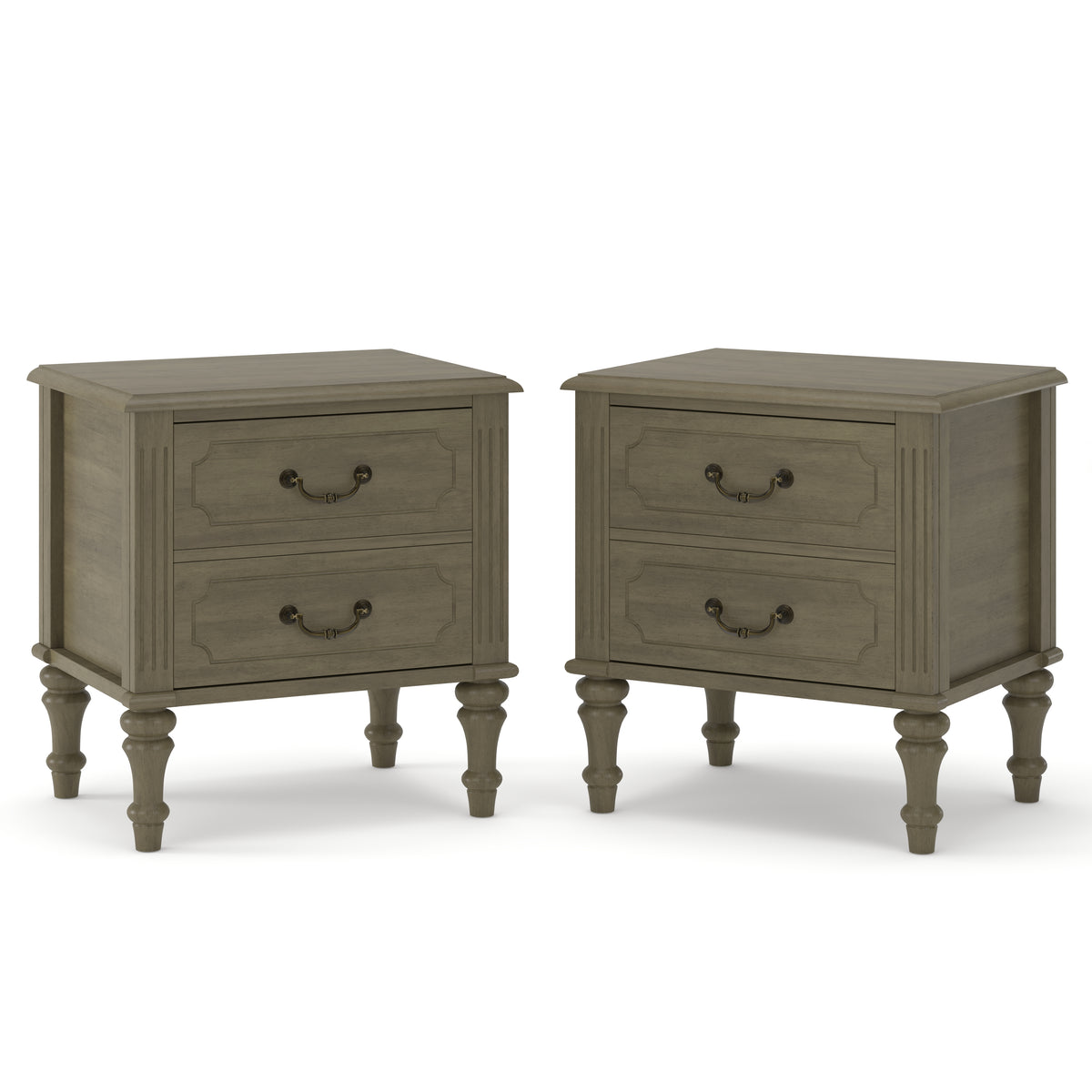 Fluted Nightstand 2-Piece Set, 21-Inch Wide, Solid Wood, Antique Bronze