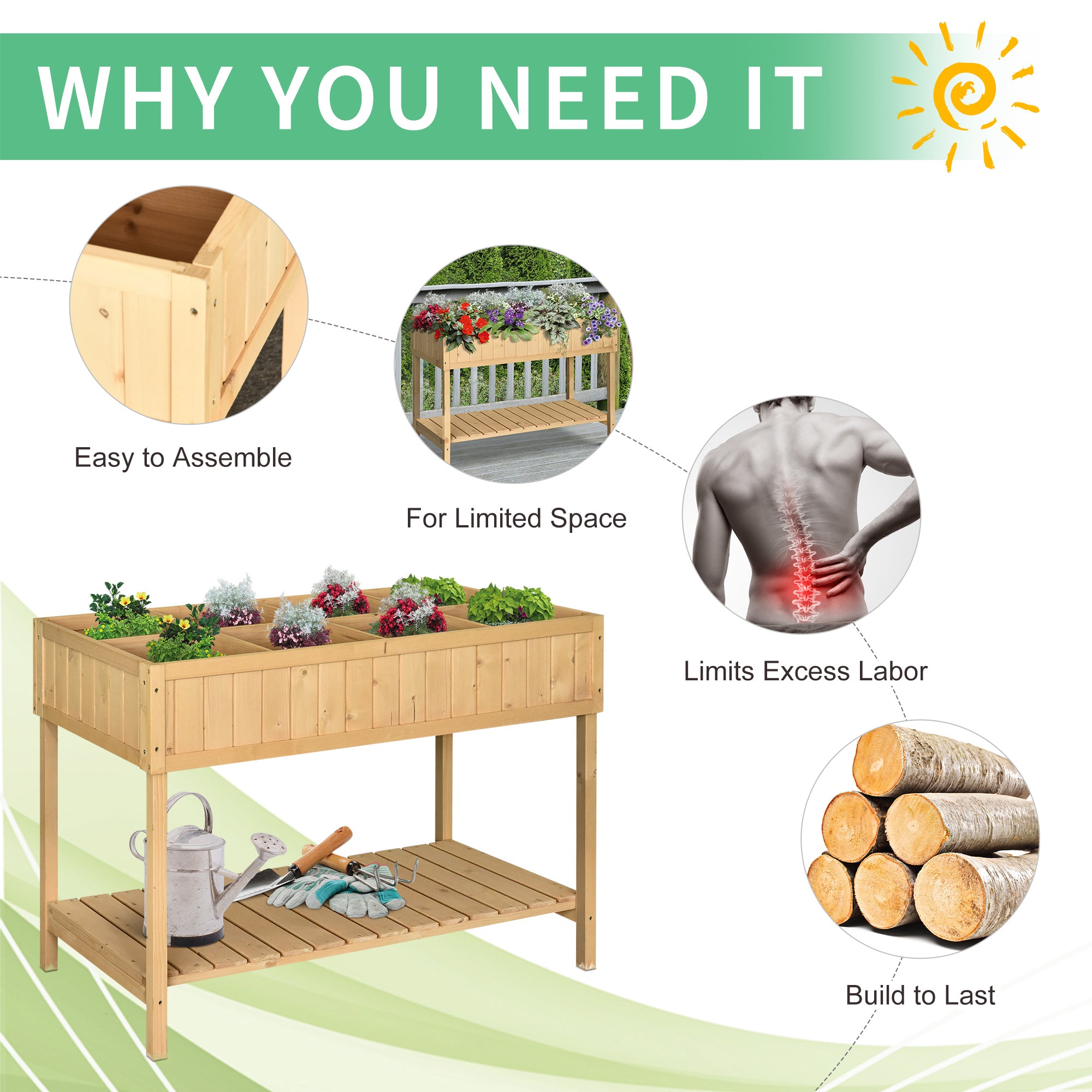 Outsunny 43x18x30in Raised Garden Bed with 8 Pockets and Shelf