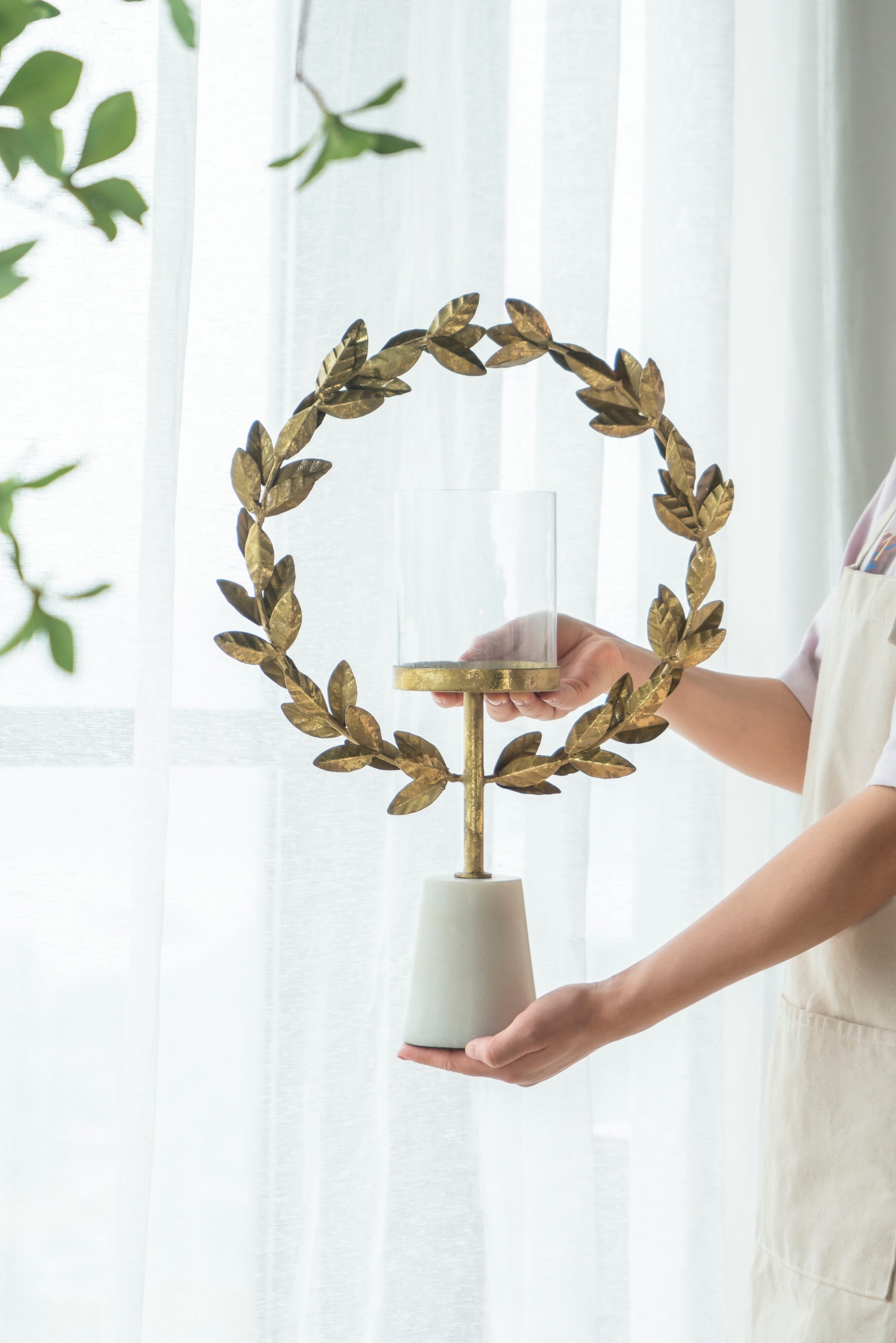 14.2x3.5x19.7" Iron Floral Hurricane With Marble Base