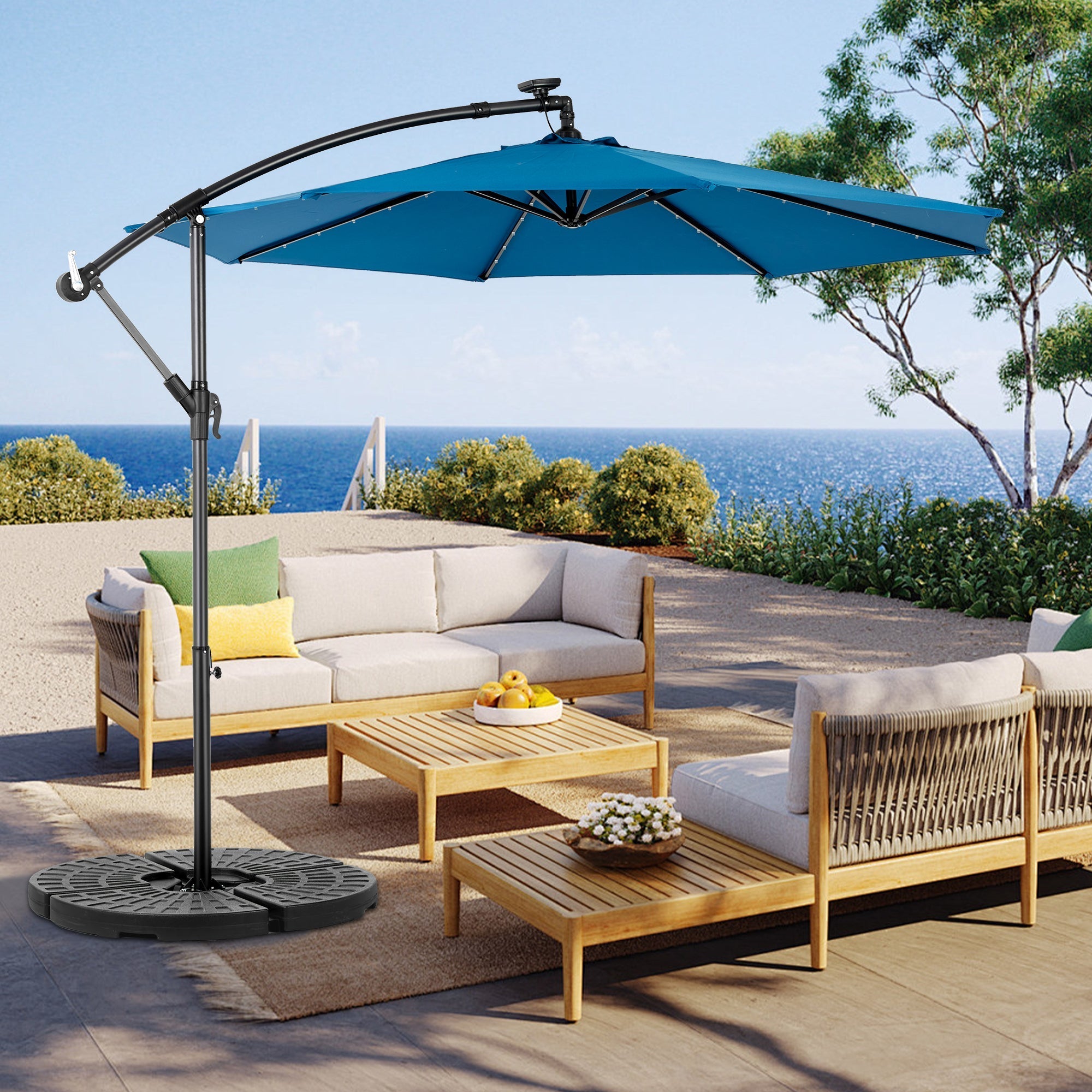 10ft Solar LED Offset Hanging Market Patio Umbrella in Dark Blue