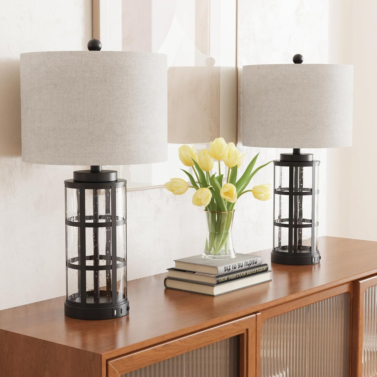 Glass Table Lamps Set of 2, 25-Inch, 3-Way Dimmable with USB and Type C, Black