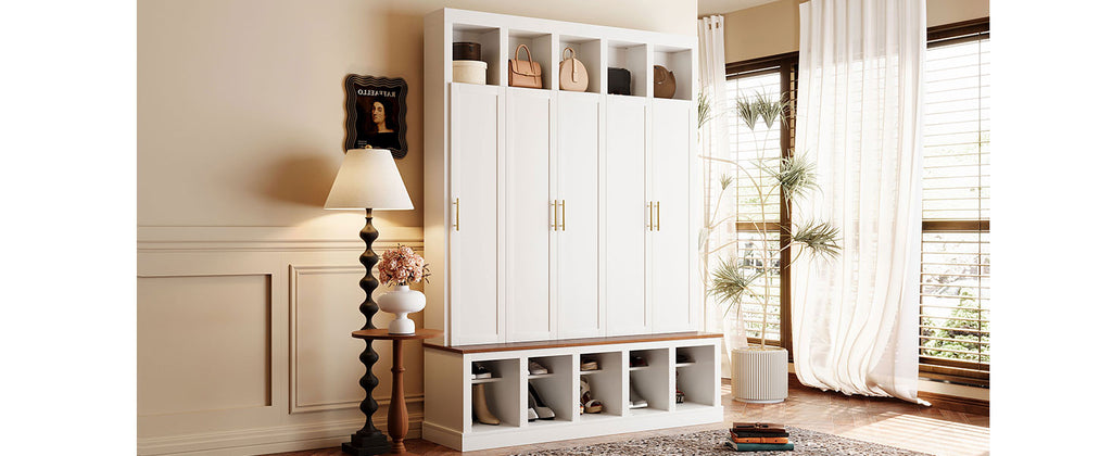 U-Can Farmhouse Entryway Storage Cabinet with Shoe Rack & Display Cubbies