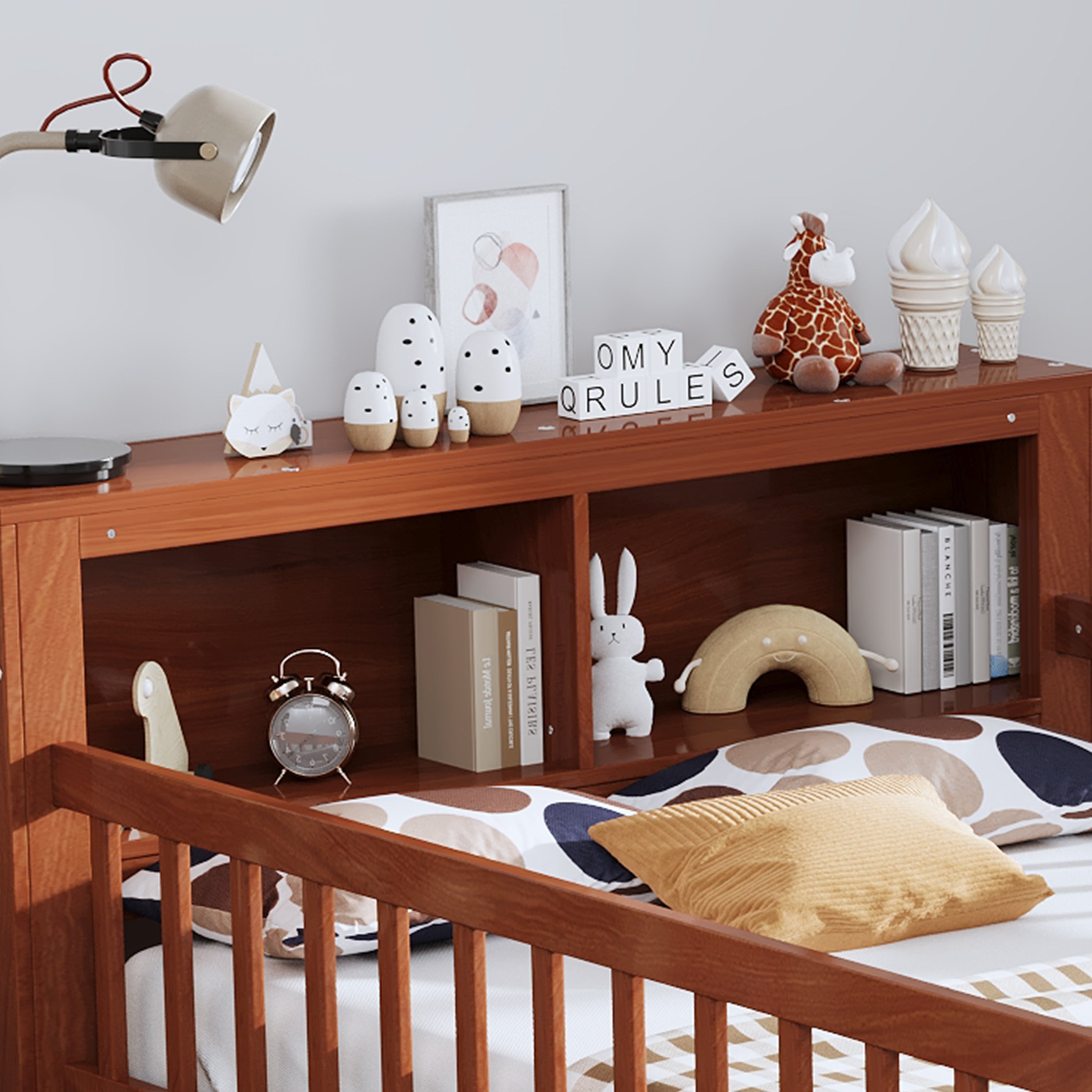 Twin Size Bed with Headboard Storage Rack, Two Under-Bed Drawers