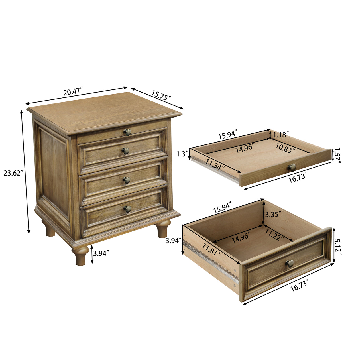 Farmhouse Nightstand with 4 Drawers and Pull-Out Shelf, Light Brown