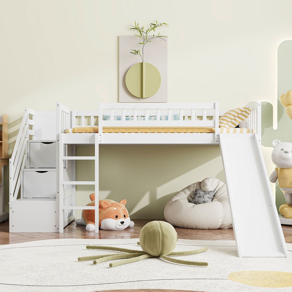 Stairway Twin Size Loft Bed with Two Drawers and Slide, White