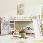 Stairway Twin Size Loft Bed with Two Drawers and Slide, White