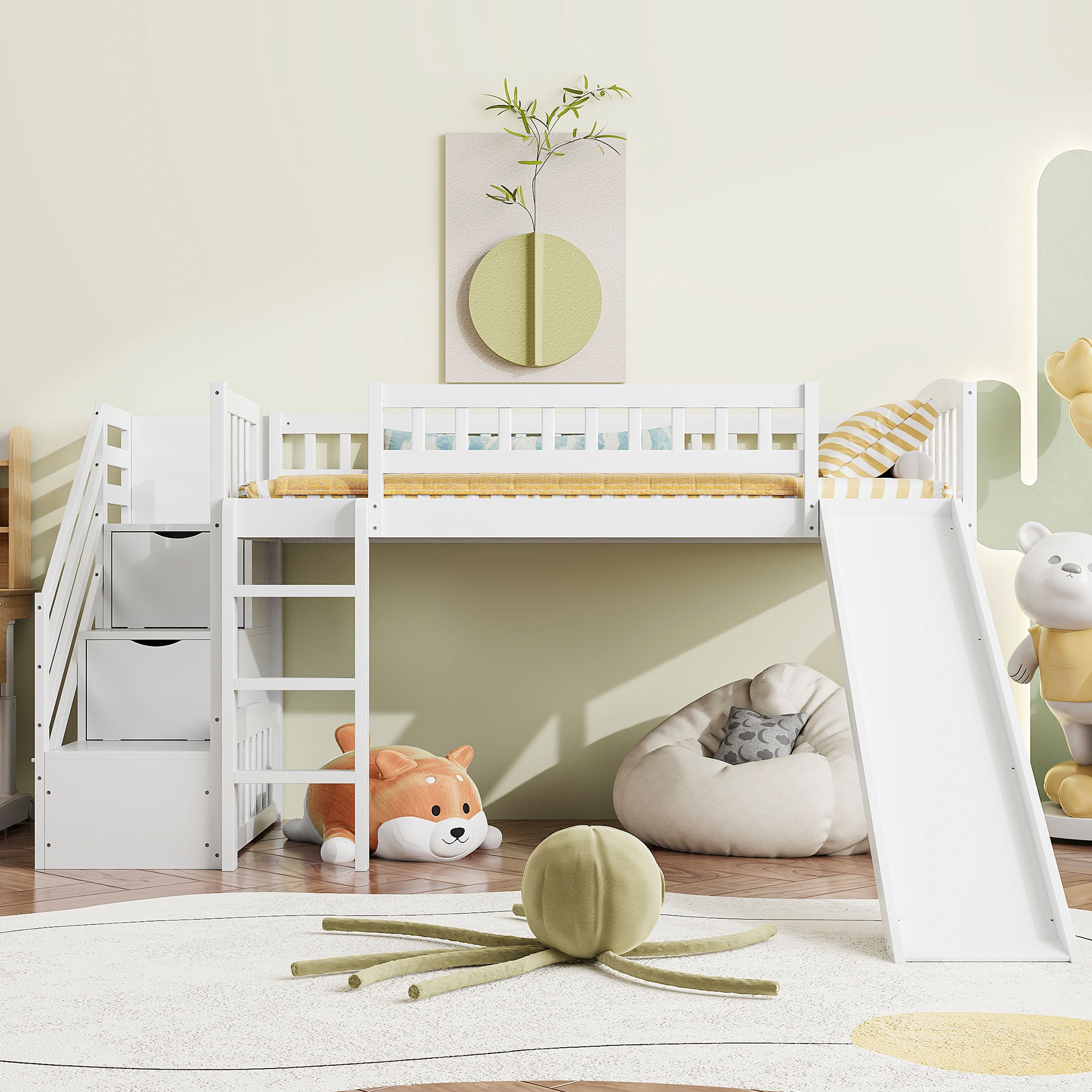 Stairway Twin Size Loft Bed with Two Drawers and Slide, White