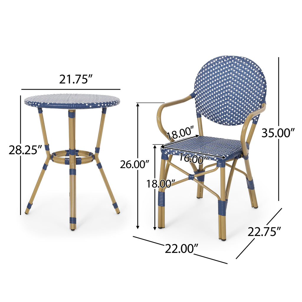 Outdoor PE Rattan and Aluminum 3 Piece French Bistro Set
