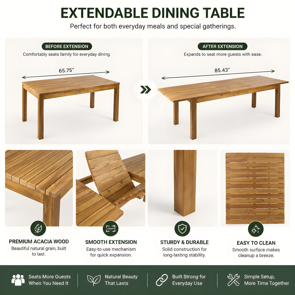 Extendable Acacia Wood Outdoor Dining Table
