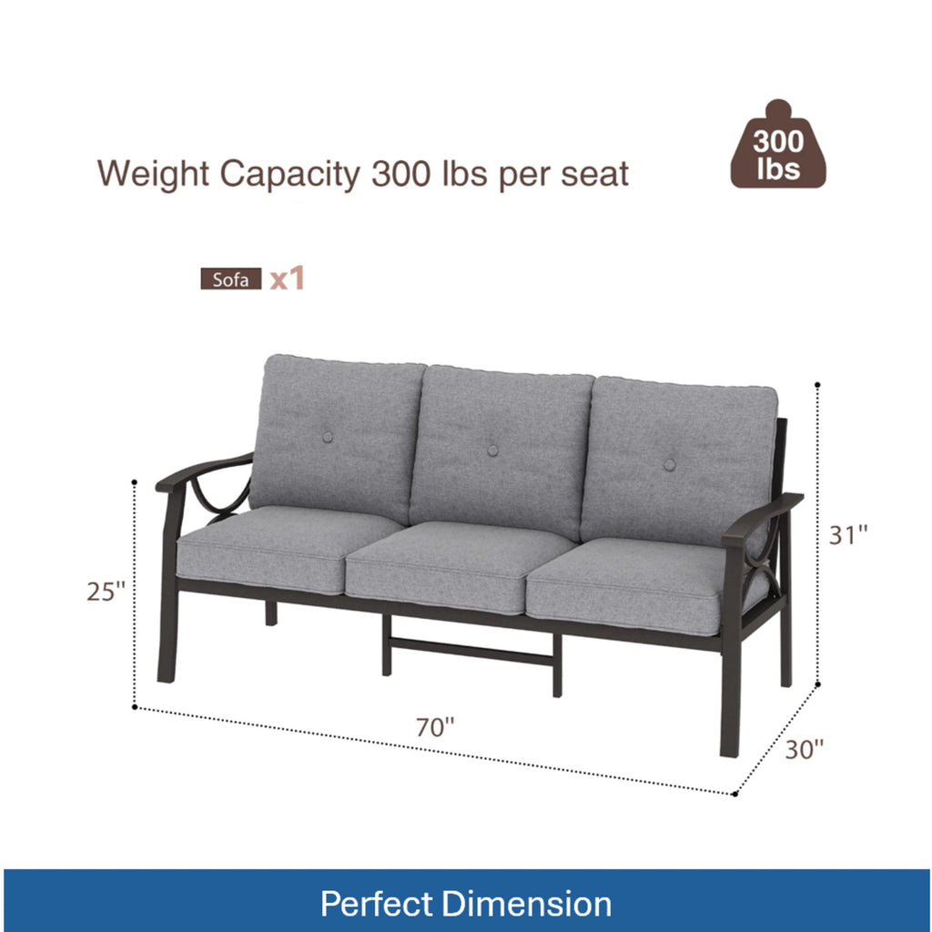 70” All-Weather Metal 3-Seat Patio Sofa, Khaki Frame