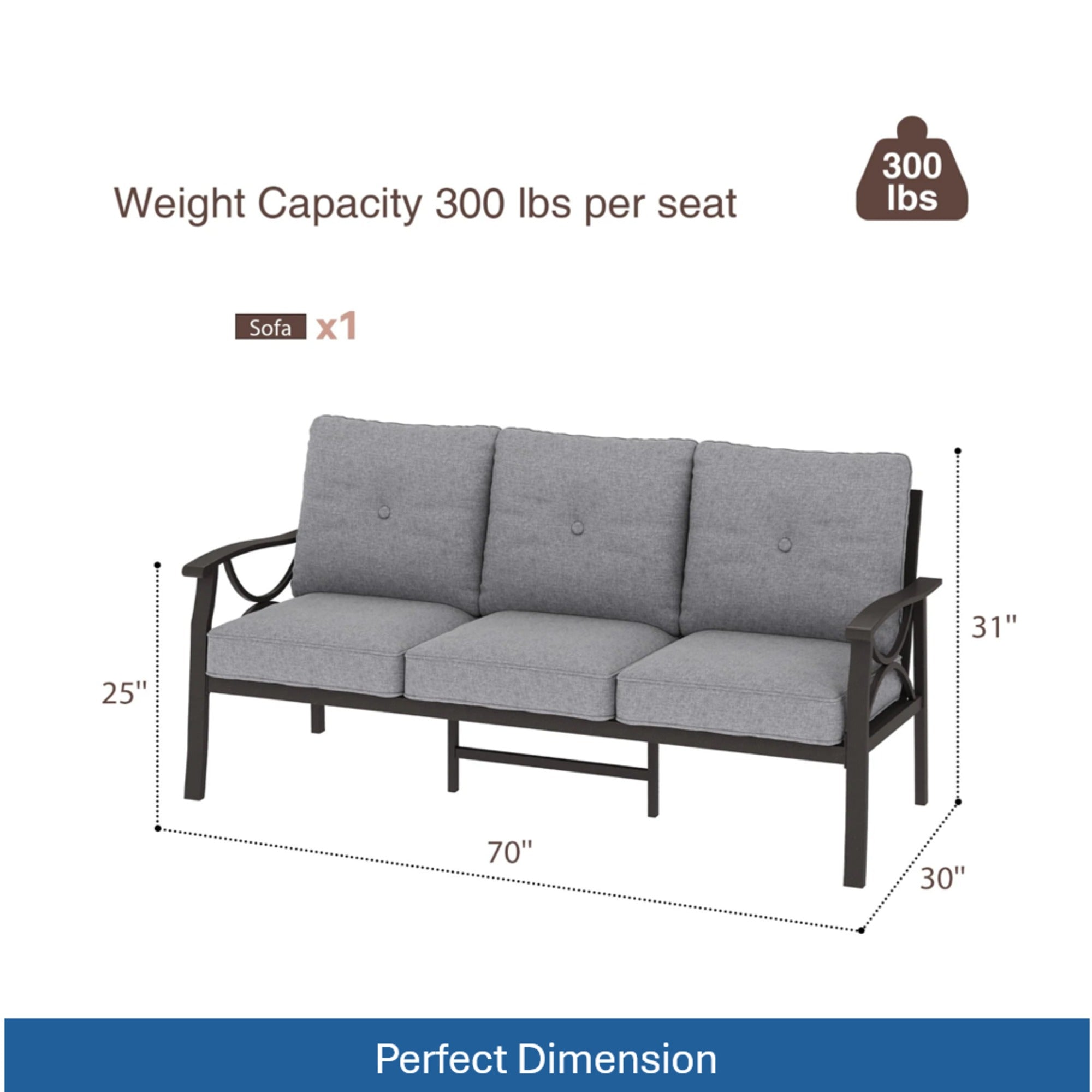 70” All-Weather Metal 3-Seat Patio Sofa, Khaki Frame